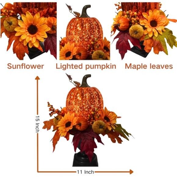 15 Inch Lighted Pumpkin Fall Table Decoration Indoor Outdoor Table - Picture 3 of 7